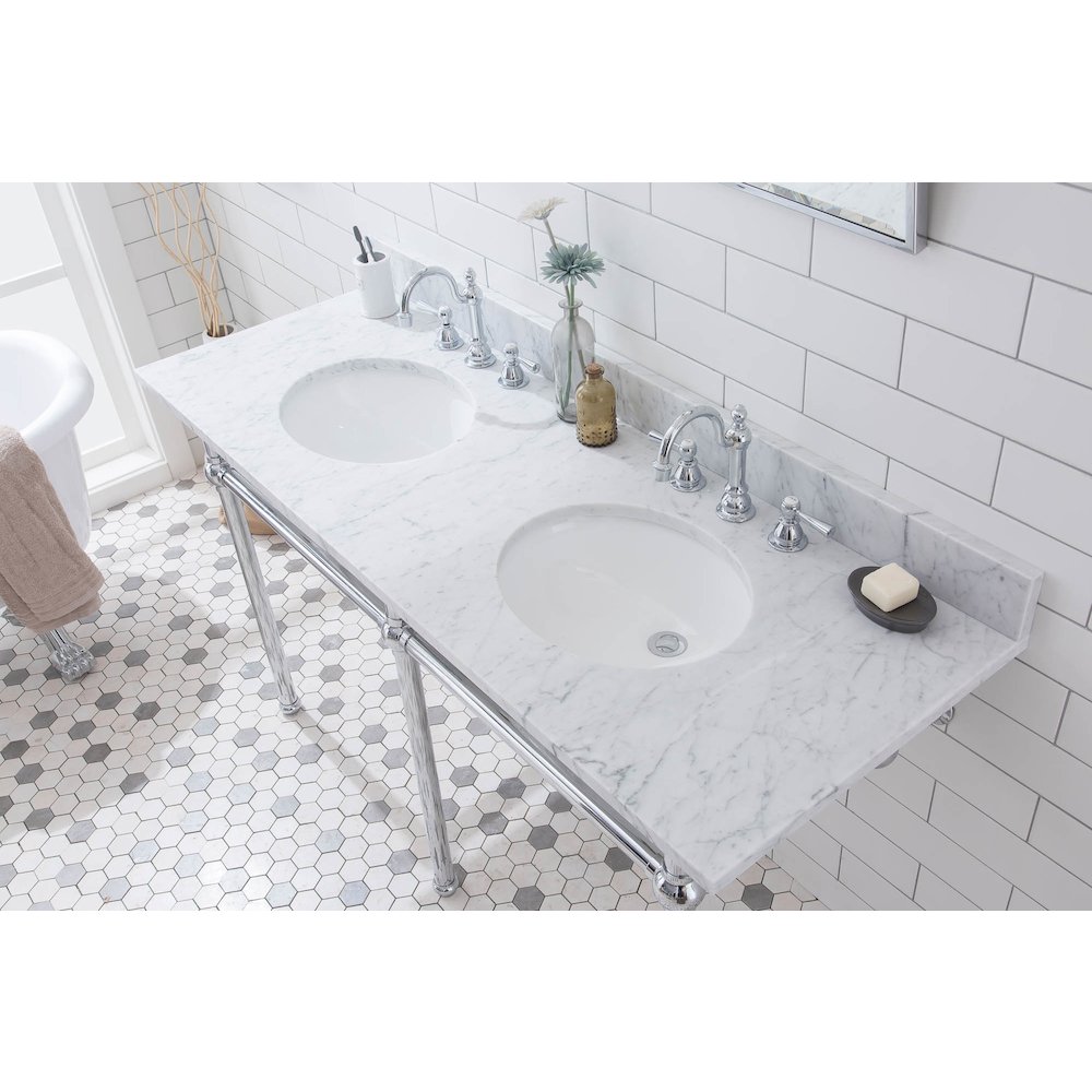 60 In. W. Double Wash Stand, P-Trap, Carrara White Marble Countertop. Picture 4