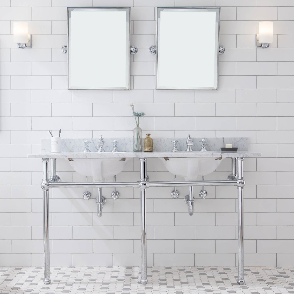 60 In. W. Double Wash Stand, P-Trap, Carrara White Marble Countertop. Picture 2