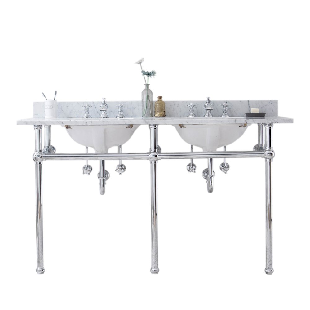 60 In. W. Double Wash Stand, P-Trap, Carrara White Marble Countertop. Picture 1