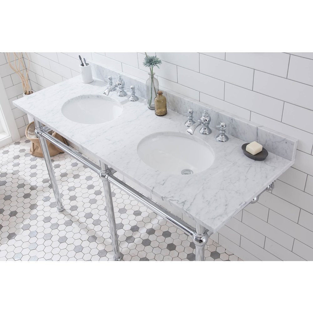60 In. W. Double Wash Stand, P-Trap, Carrara White Marble Countertop. Picture 4