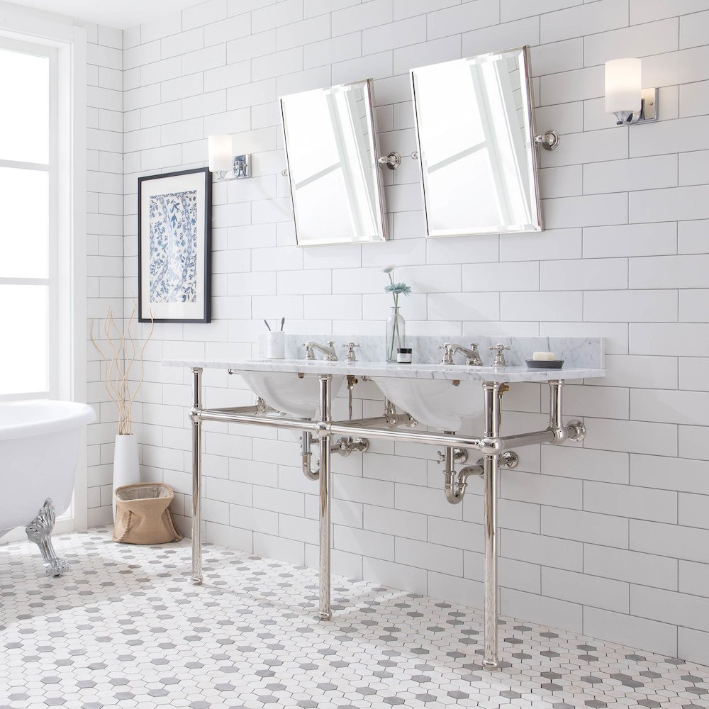 60 In. W. Double Wash Stand, P-Trap, Carrara White Marble Countertop. Picture 3