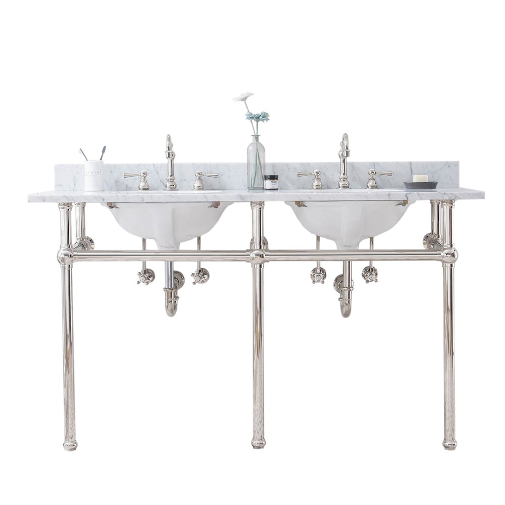 60 In. W. Double Wash Stand, P-Trap, Carrara White Marble Countertop. Picture 1