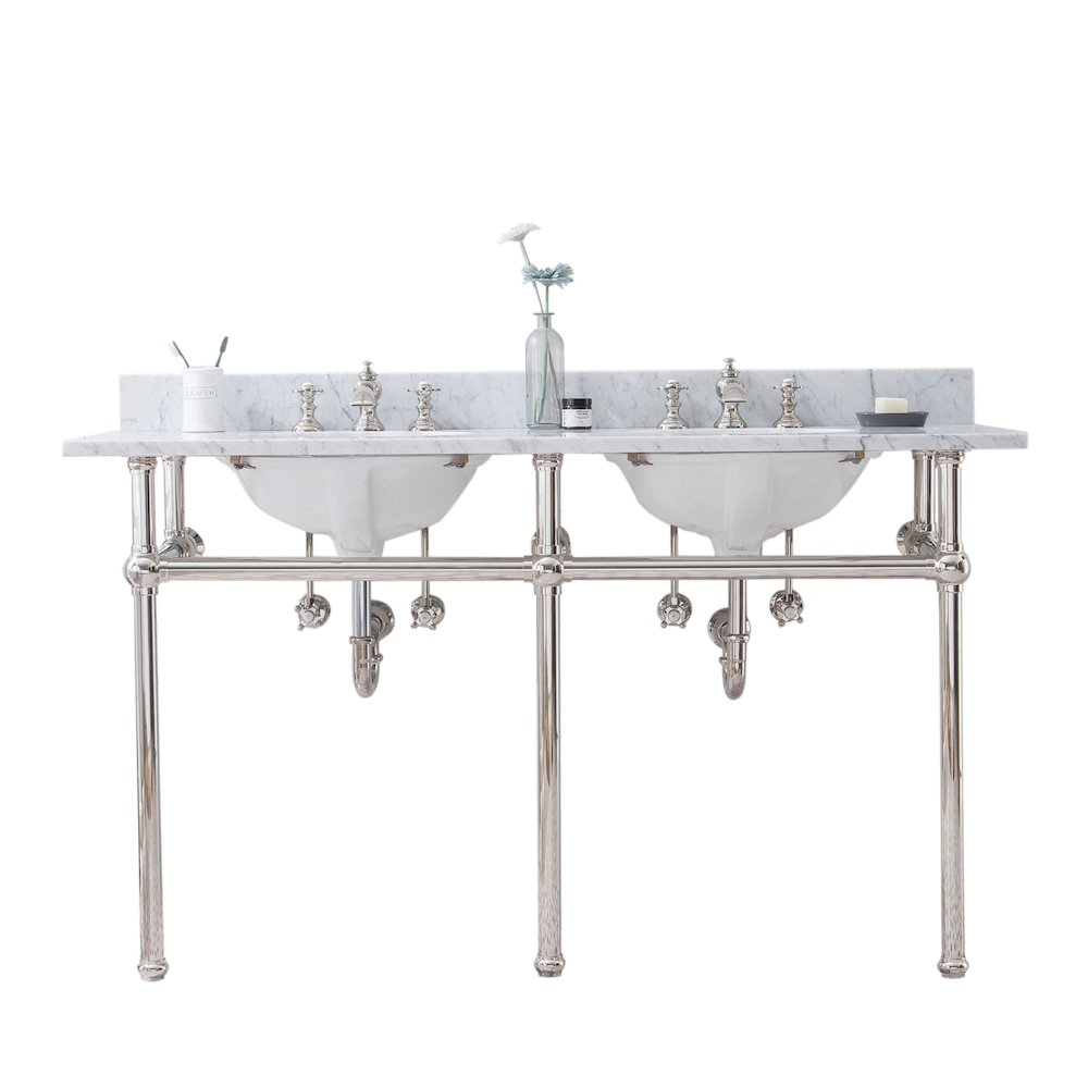 60 In. W. Double Wash Stand, P-Trap, Carrara White Marble Countertop. Picture 1