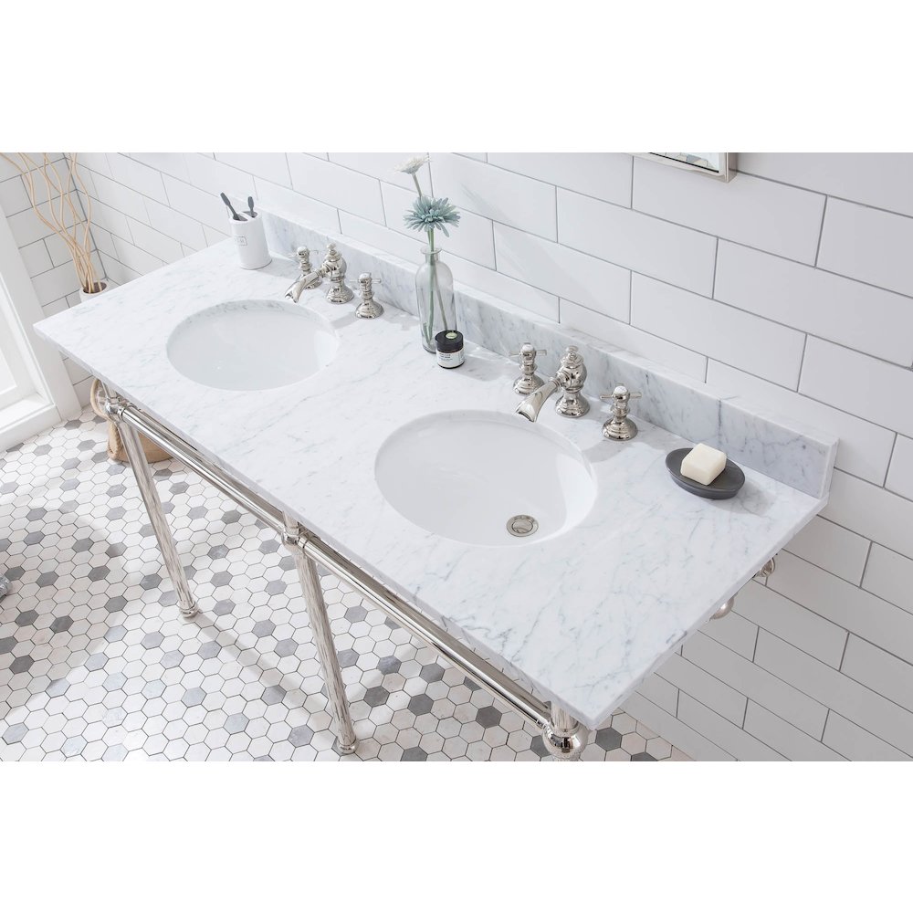 60 In. W. Double Wash Stand, P-Trap, Carrara White Marble Countertop. Picture 4