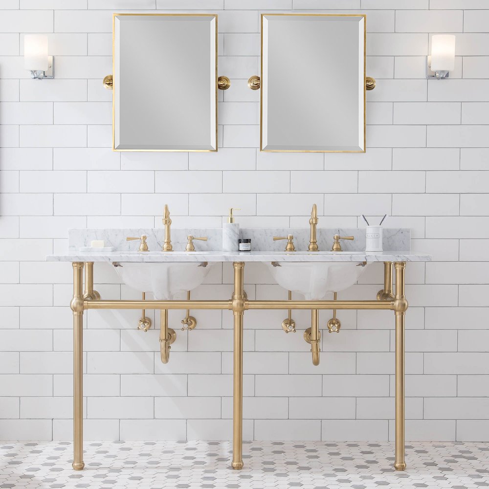 60 In. W. Double Wash Stand, P-Trap, Carrara White Marble Countertop. Picture 2