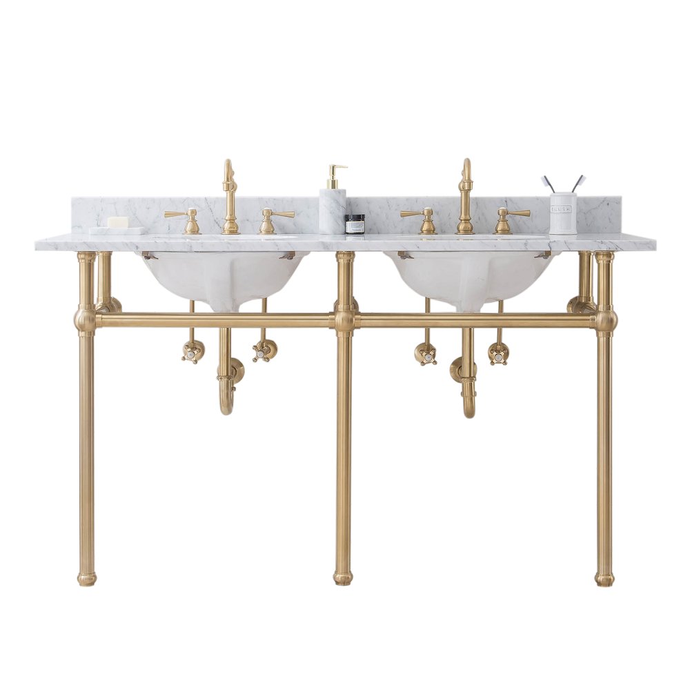 60 In. W. Double Wash Stand, P-Trap, Carrara White Marble Countertop. Picture 1