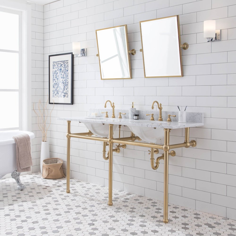 60 In. W. Double Wash Stand, P-Trap, Carrara White Marble Countertop. Picture 3