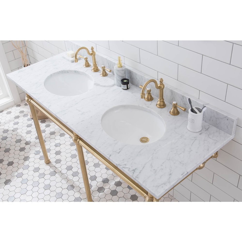60 In. W. Double Wash Stand, P-Trap, Carrara White Marble Countertop. Picture 4