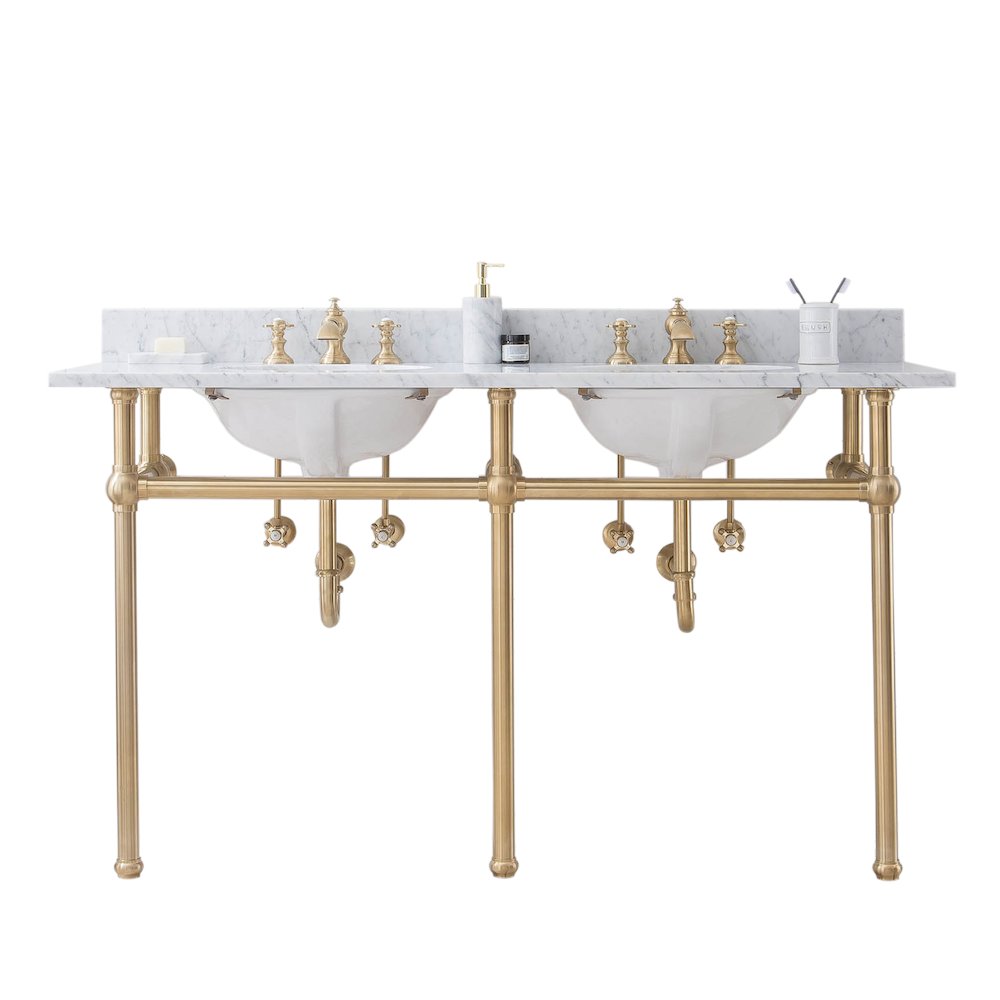 60 In. W. Double Wash Stand, P-Trap, Carrara White Marble Countertop. Picture 1