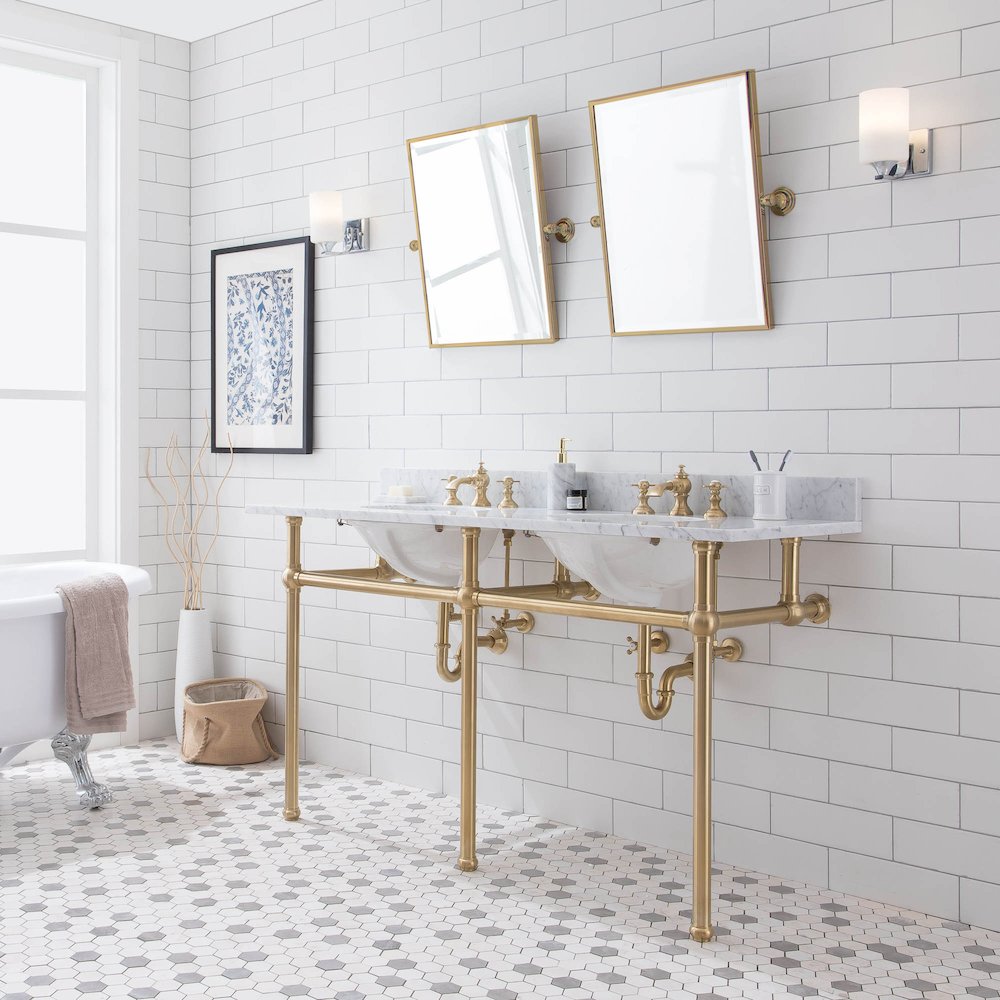 60 In. W. Double Wash Stand, P-Trap, Carrara White Marble Countertop. Picture 3