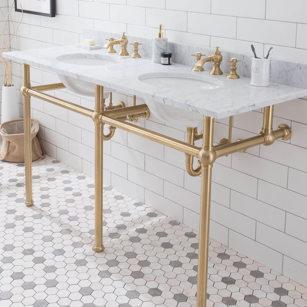 60 In. W. Double Wash Stand, P-Trap, Carrara White Marble Countertop. Picture 4