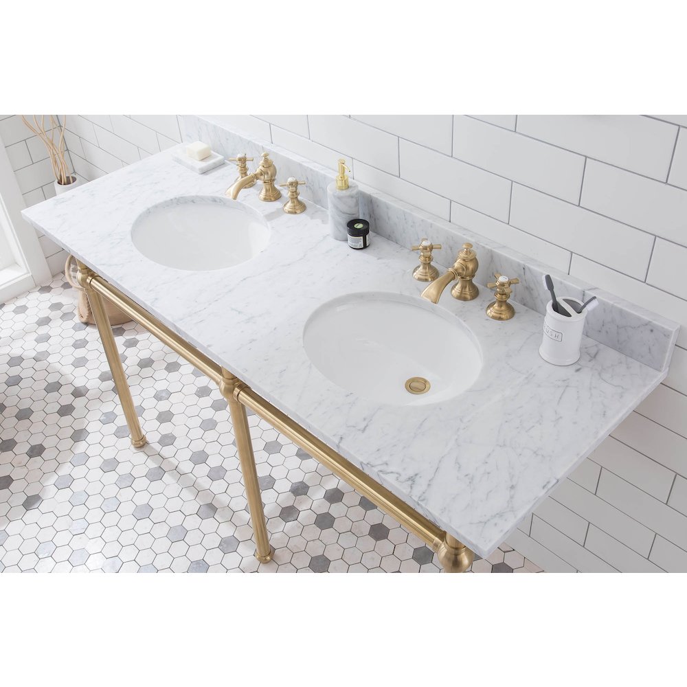 60 In. W. Double Wash Stand, P-Trap, Carrara White Marble Countertop. Picture 5
