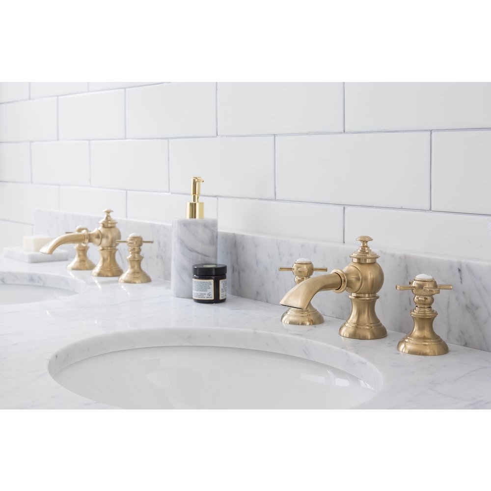 60 In. W. Double Wash Stand, P-Trap, Carrara White Marble Countertop. Picture 6