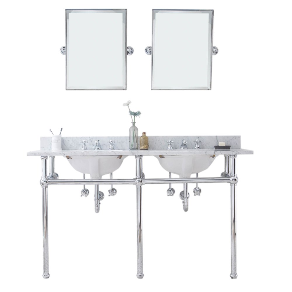 60 In. W. Double Wash Stand, P-Trap, Carrara White Marble Countertop. Picture 1
