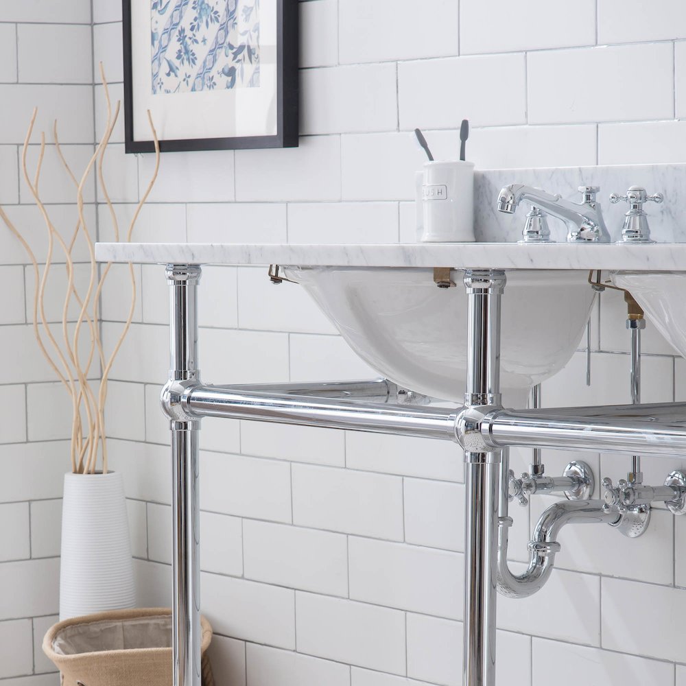 60 In. W. Double Wash Stand, P-Trap, Carrara White Marble Countertop. Picture 4