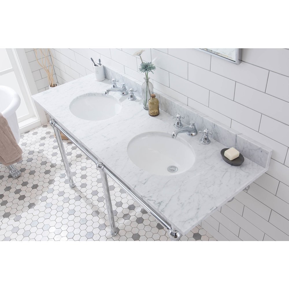 60 In. W. Double Wash Stand, P-Trap, Carrara White Marble Countertop. Picture 5