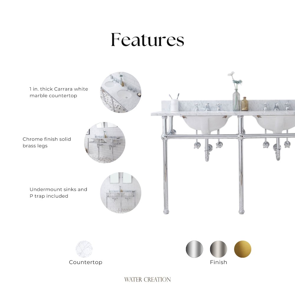 60 In. W. Double Wash Stand, P-Trap, Carrara White Marble Countertop. Picture 10