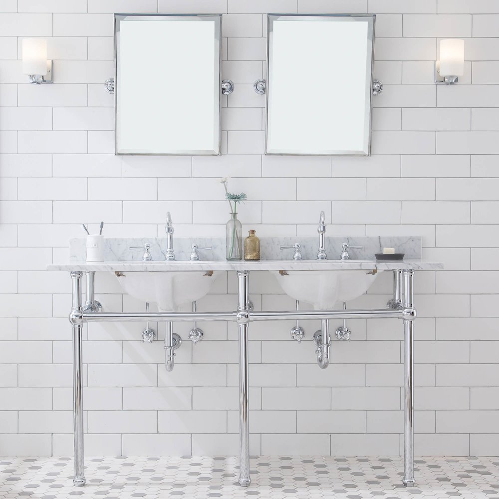 60 In. W. Double Wash Stand, P-Trap, Carrara White Marble Countertop. Picture 2