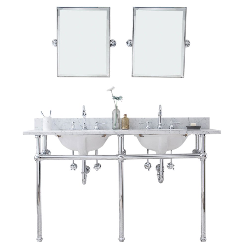 60 In. W. Double Wash Stand, P-Trap, Carrara White Marble Countertop. Picture 1