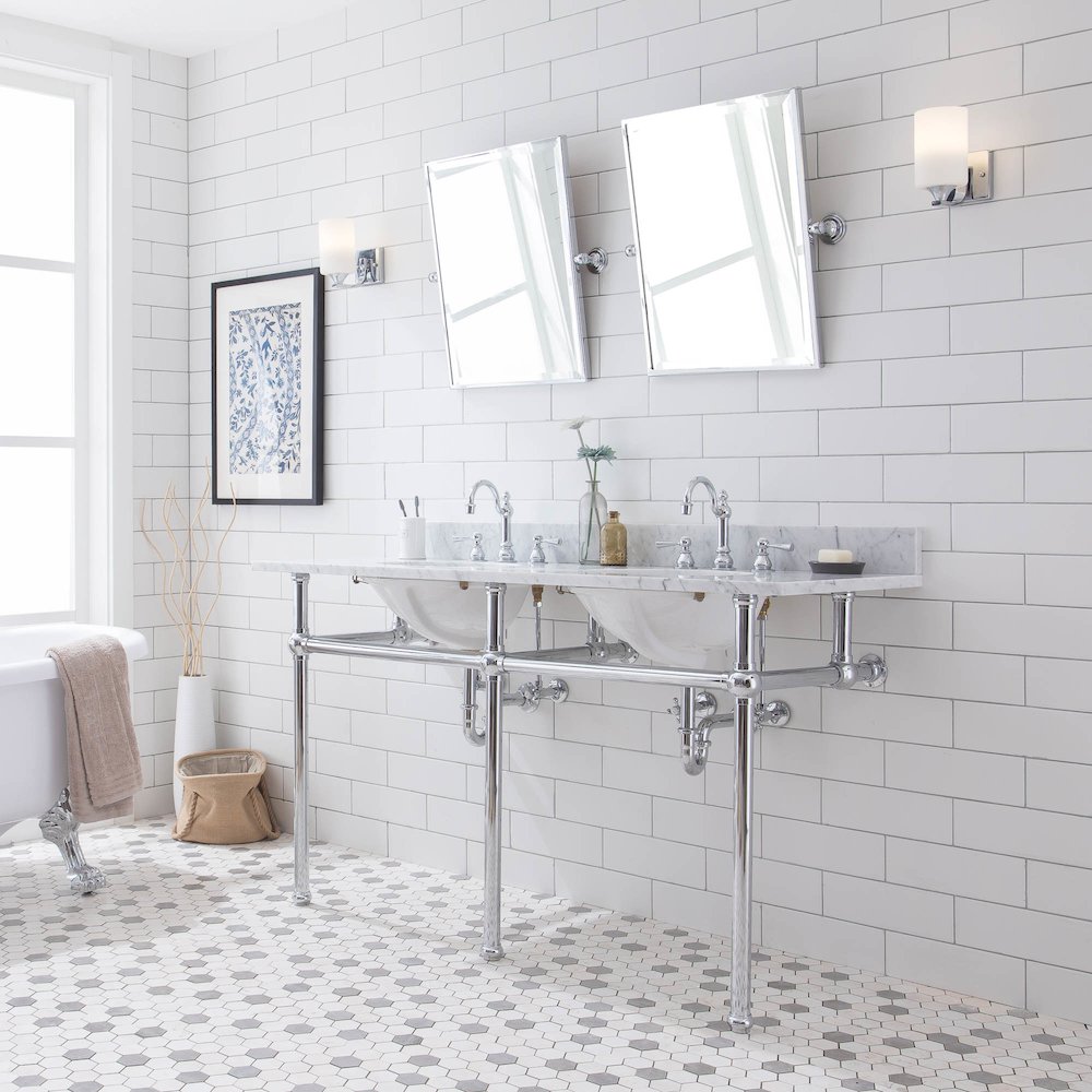 60 In. W. Double Wash Stand, P-Trap, Carrara White Marble Countertop. Picture 3
