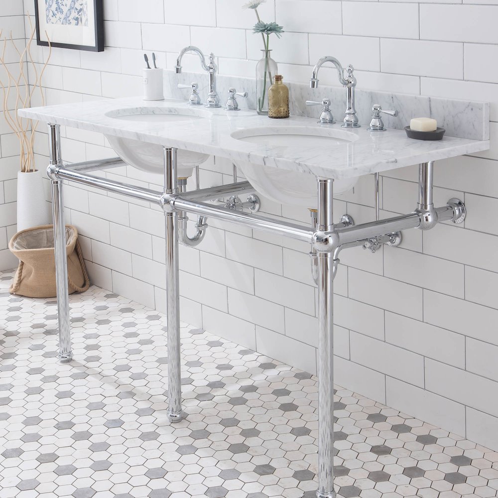 60 In. W. Double Wash Stand, P-Trap, Carrara White Marble Countertop. Picture 4