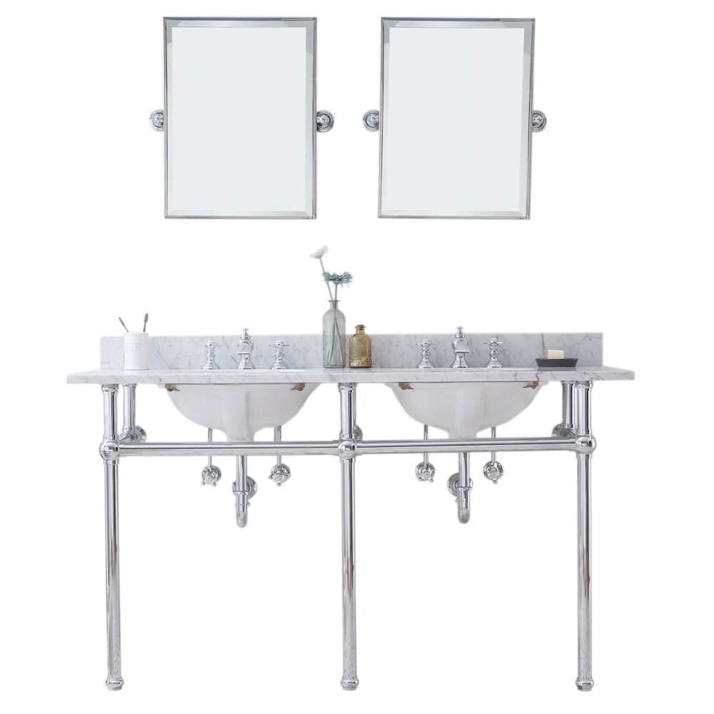 60 In. W. Double Wash Stand, P-Trap, Carrara White Marble Countertop. Picture 1