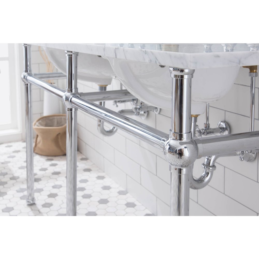 60 In. W. Double Wash Stand, P-Trap, Carrara White Marble Countertop. Picture 5
