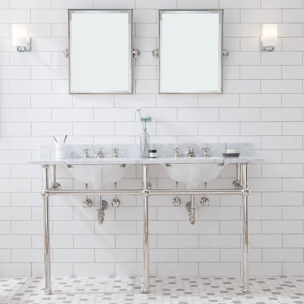 60 In. W. Double Wash Stand, P-Trap, Carrara White Marble Countertop. Picture 2