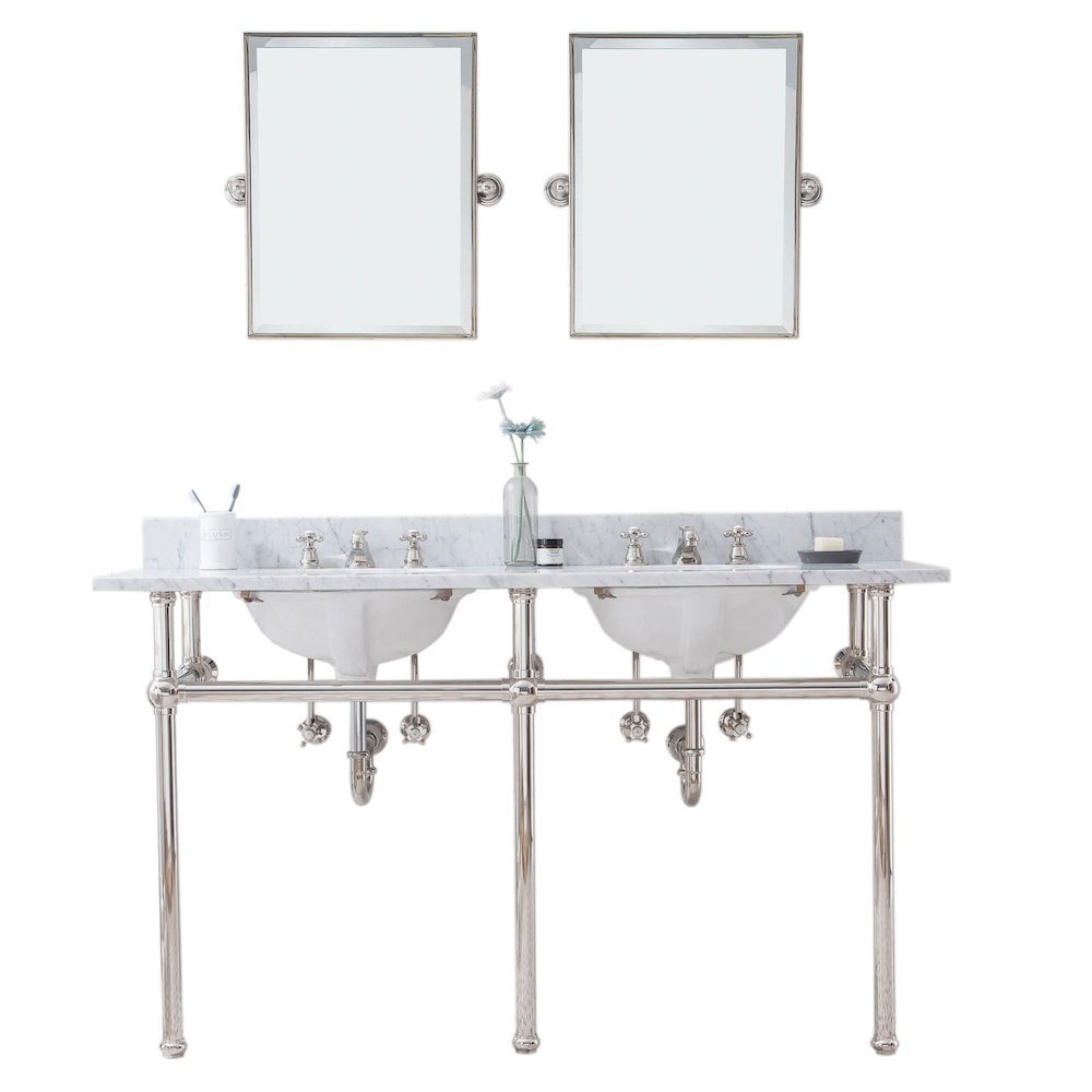 60 In. W. Double Wash Stand, P-Trap, Carrara White Marble Countertop. Picture 1