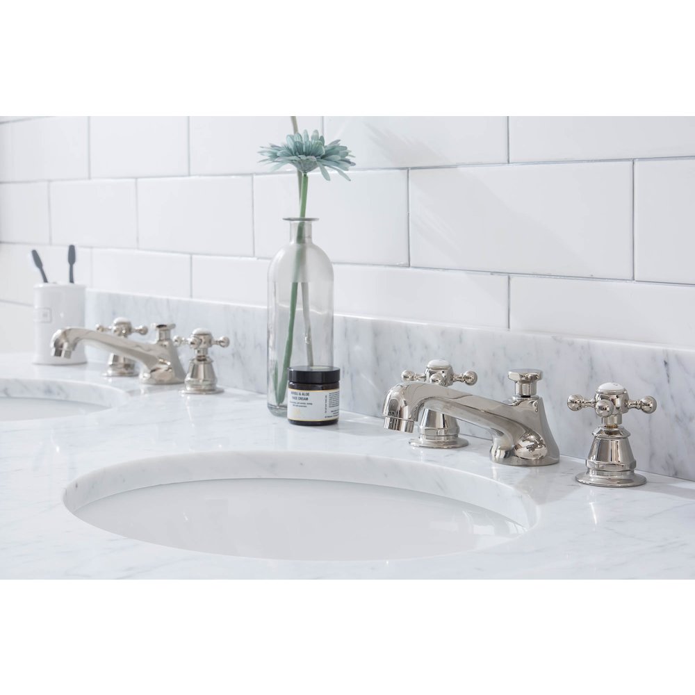 60 In. W. Double Wash Stand, P-Trap, Carrara White Marble Countertop. Picture 5