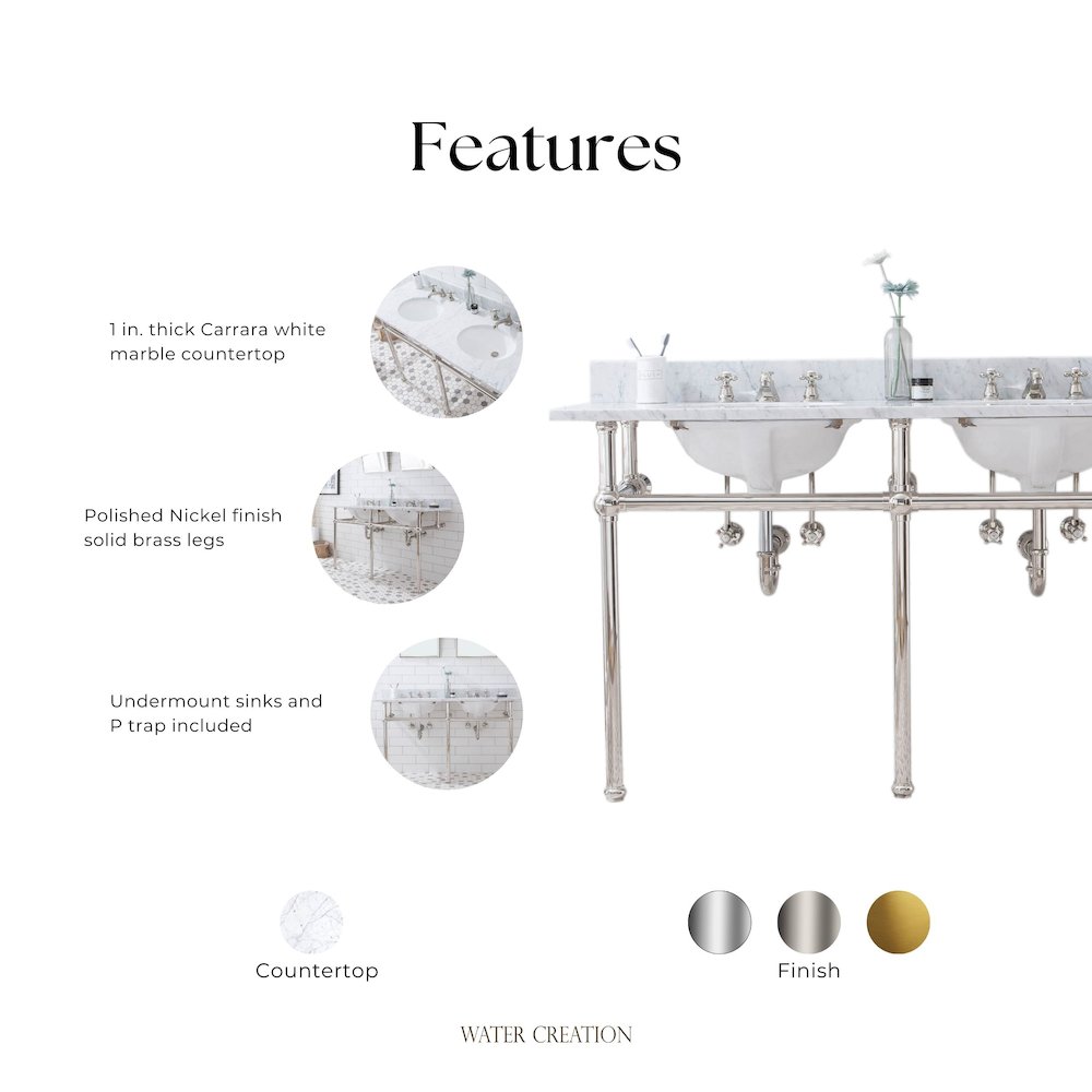 60 In. W. Double Wash Stand, P-Trap, Carrara White Marble Countertop. Picture 12