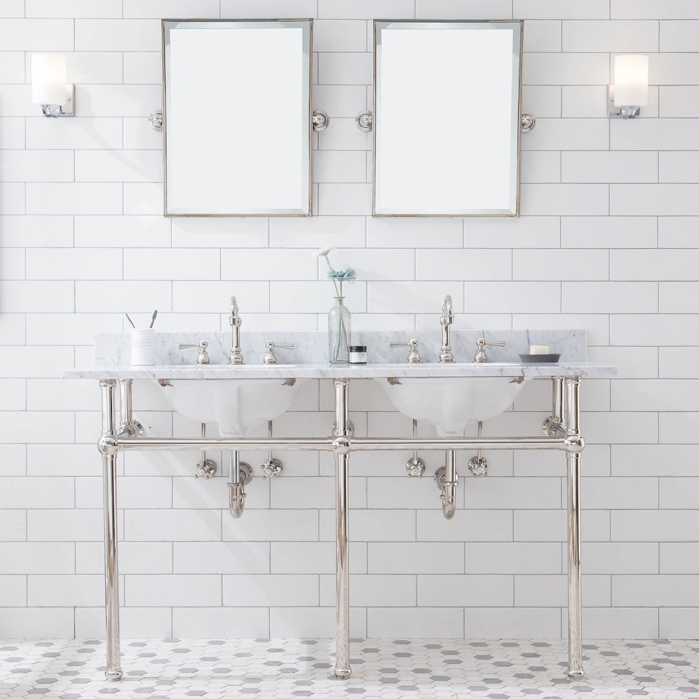 60 In. W. Double Wash Stand, P-Trap, Carrara White Marble Countertop. Picture 2