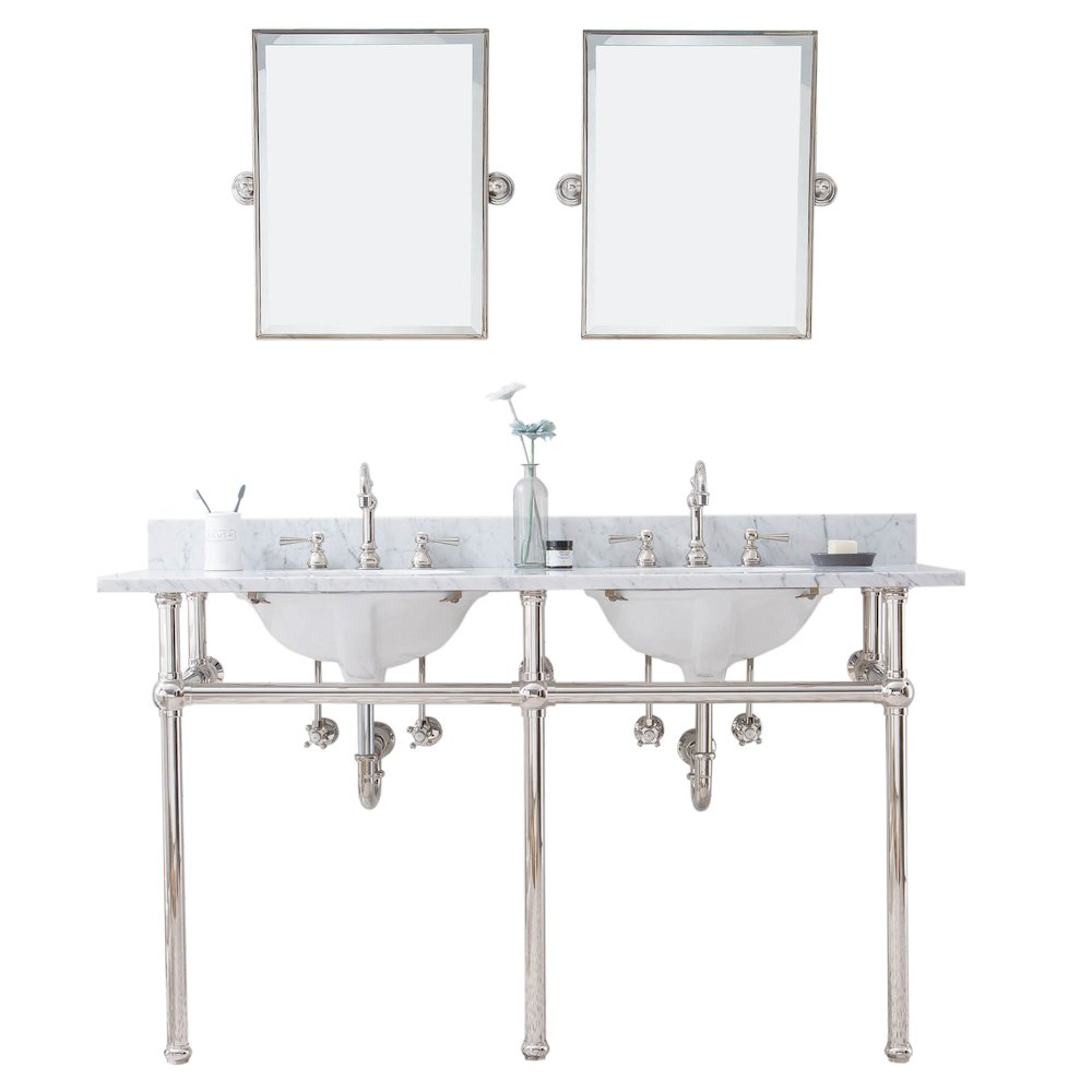 60 In. W. Double Wash Stand, P-Trap, Carrara White Marble Countertop. Picture 1