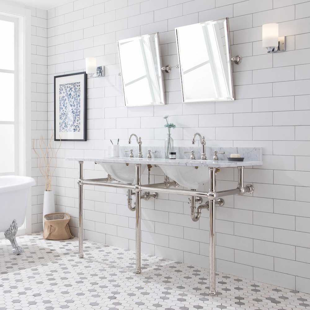 60 In. W. Double Wash Stand, P-Trap, Carrara White Marble Countertop. Picture 3