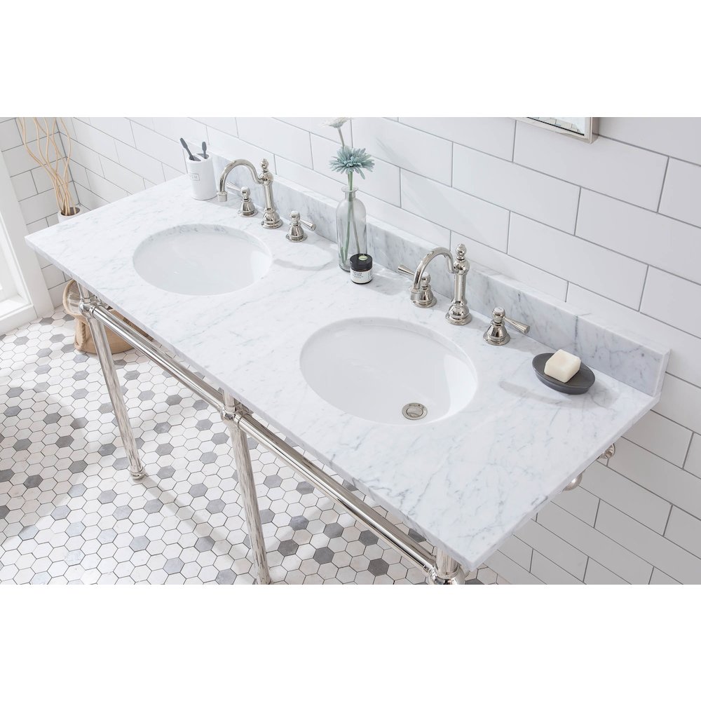 60 In. W. Double Wash Stand, P-Trap, Carrara White Marble Countertop. Picture 6