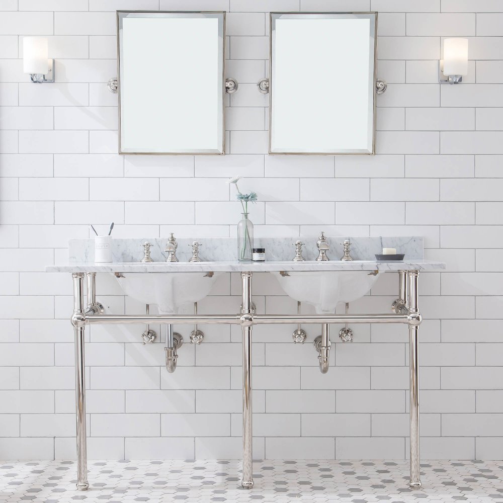 60 In. W. Double Wash Stand, P-Trap, Carrara White Marble Countertop. Picture 2