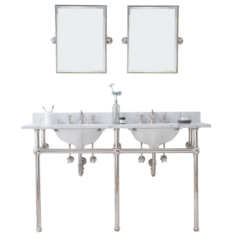 60 In. W. Double Wash Stand, P-Trap, Carrara White Marble Countertop. Picture 1