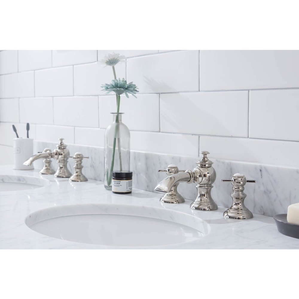 60 In. W. Double Wash Stand, P-Trap, Carrara White Marble Countertop. Picture 7