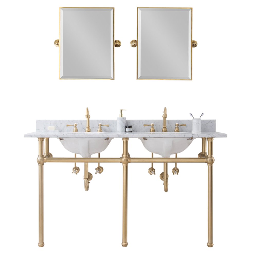 60 In. W. Double Wash Stand, P-Trap, Carrara White Marble Countertop. Picture 1