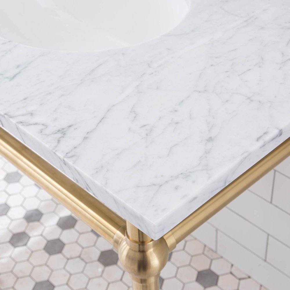 60 In. W. Double Wash Stand, P-Trap, Carrara White Marble Countertop. Picture 5