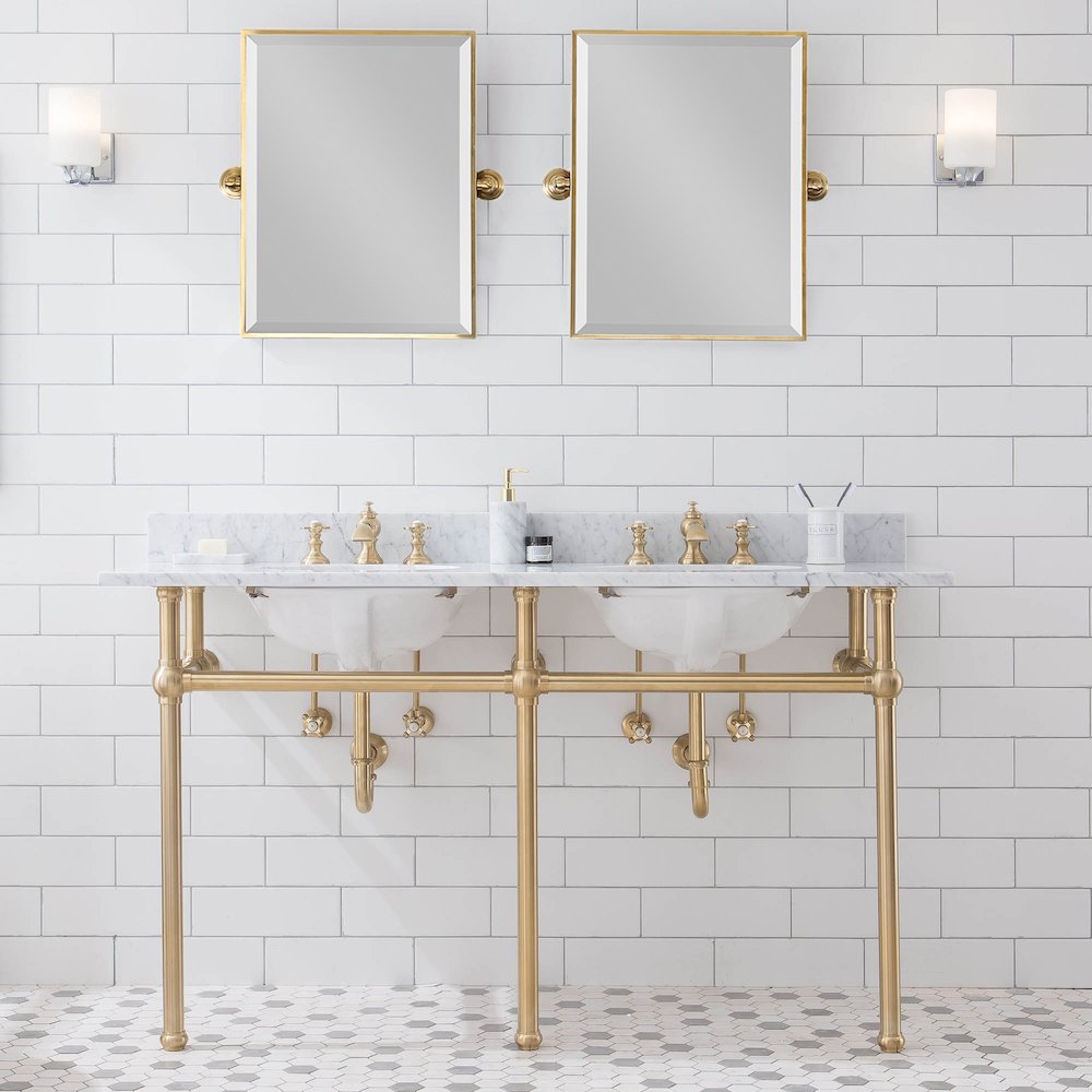 60 In. W. Double Wash Stand, P-Trap, Carrara White Marble Countertop. Picture 2