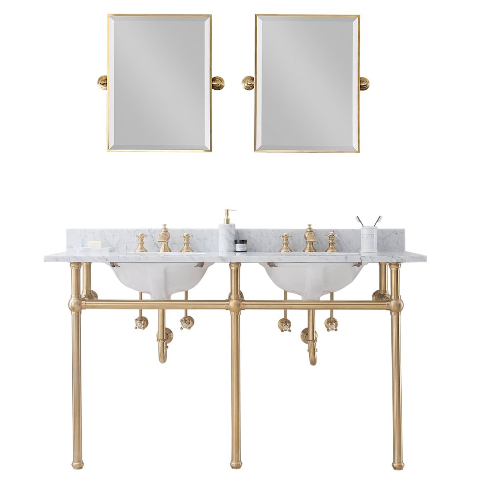 60 In. W. Double Wash Stand, P-Trap, Carrara White Marble Countertop. Picture 1