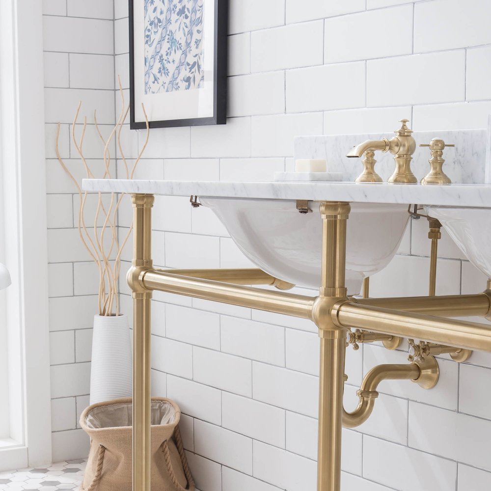 60 In. W. Double Wash Stand, P-Trap, Carrara White Marble Countertop. Picture 5