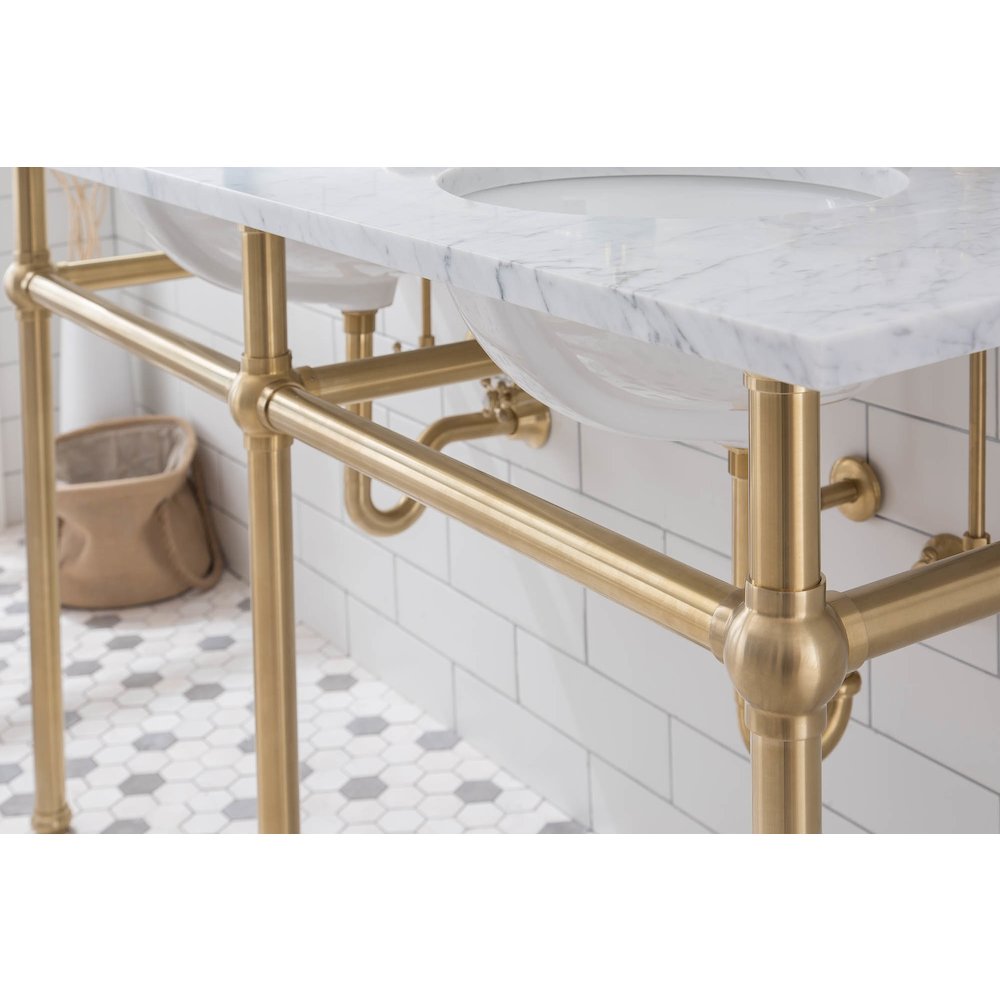 60 In. W. Double Wash Stand, P-Trap, Carrara White Marble Countertop. Picture 6