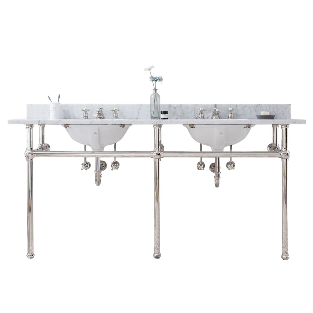 72 In. W. Double Wash Stand, P-Trap, and Carrara White Marble Countertop. Picture 1
