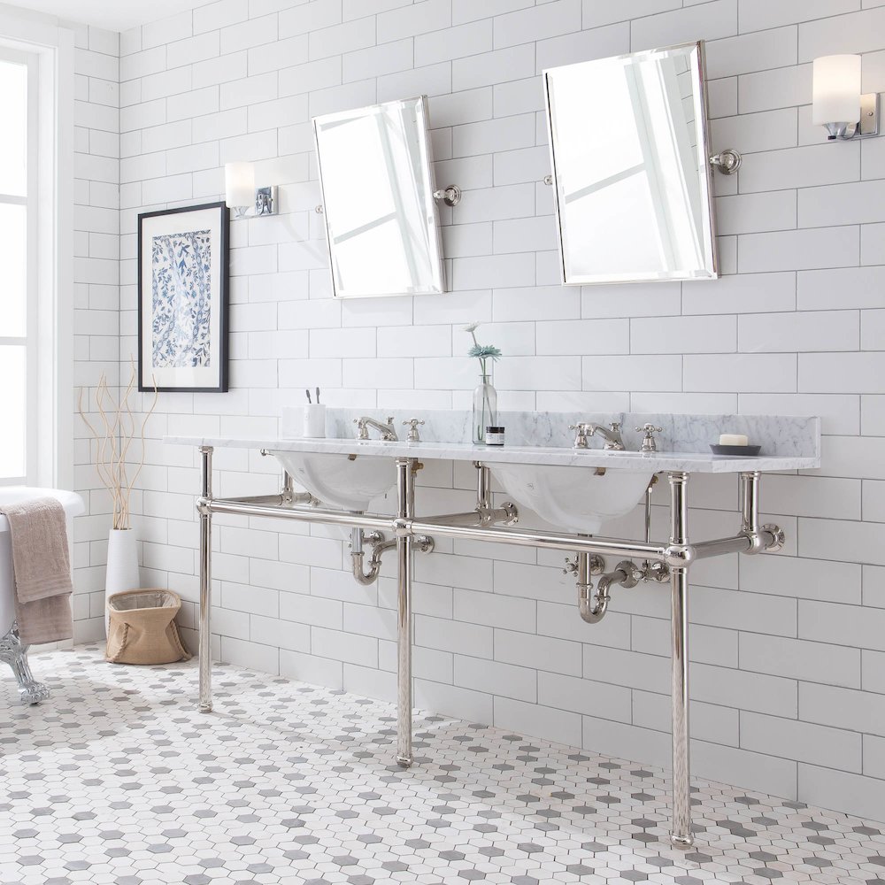 72 In. W. Double Wash Stand, P-Trap, and Carrara White Marble Countertop. Picture 3