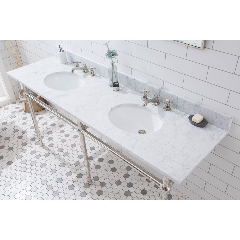 72 In. W. Double Wash Stand, P-Trap, and Carrara White Marble Countertop. Picture 4
