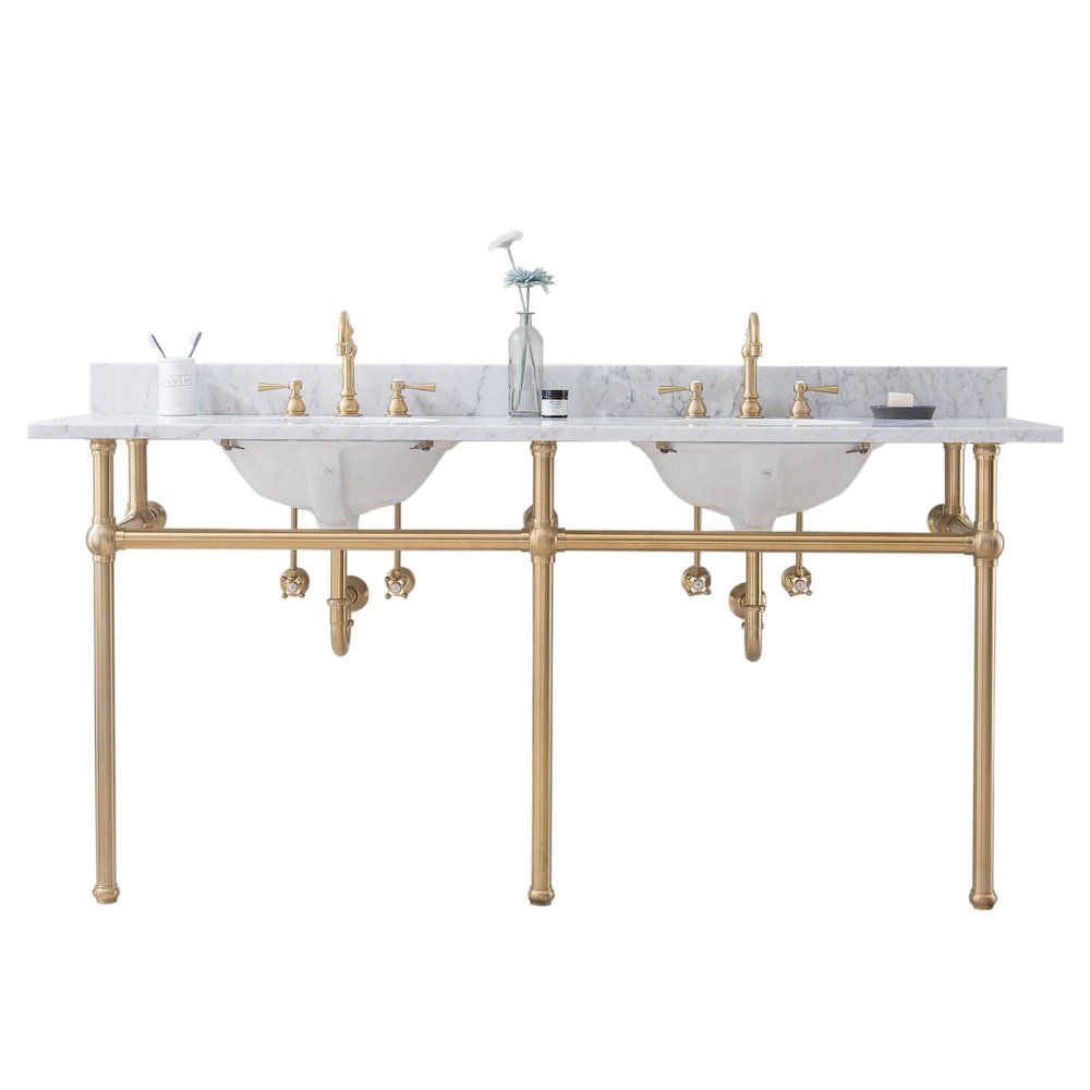 72 In. W. Double Wash Stand, P-Trap, and Carrara White Marble Countertop. Picture 1