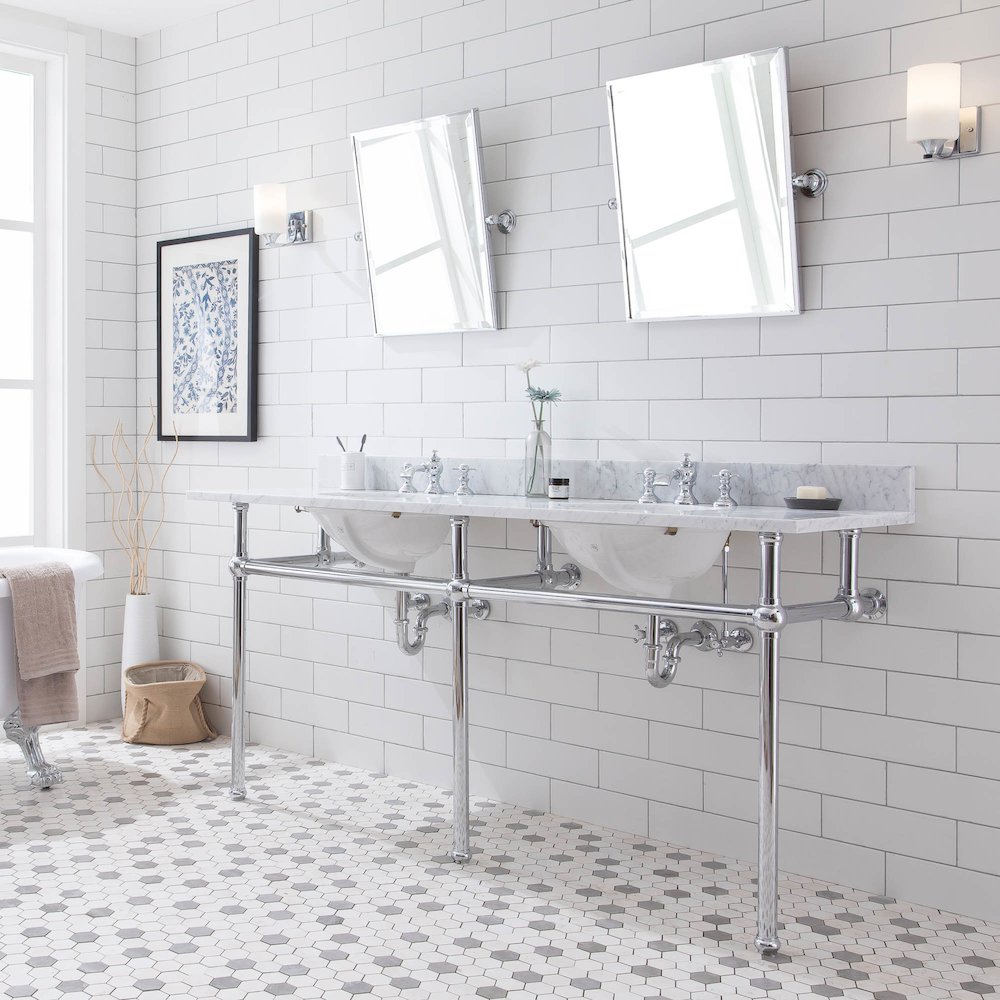 72 In. W. Double Wash Stand, P-Trap, Carrara White Marble Countertop. Picture 3