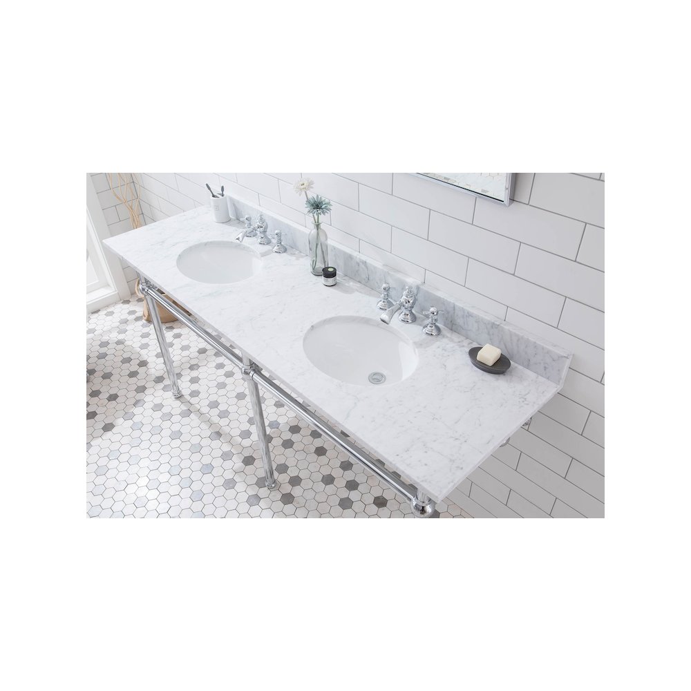 72 In. W. Double Wash Stand, P-Trap, Carrara White Marble Countertop. Picture 5